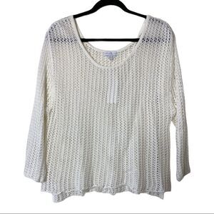 New York & Co White Ribbed Sheer Long Sleeve Scoop Neck T-shirt Size Medium